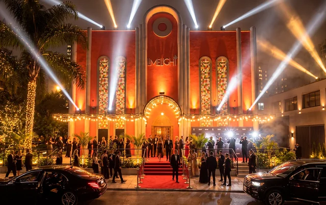 Convidados na entrada da Limelight com fachada iluminada e tapete vermelho