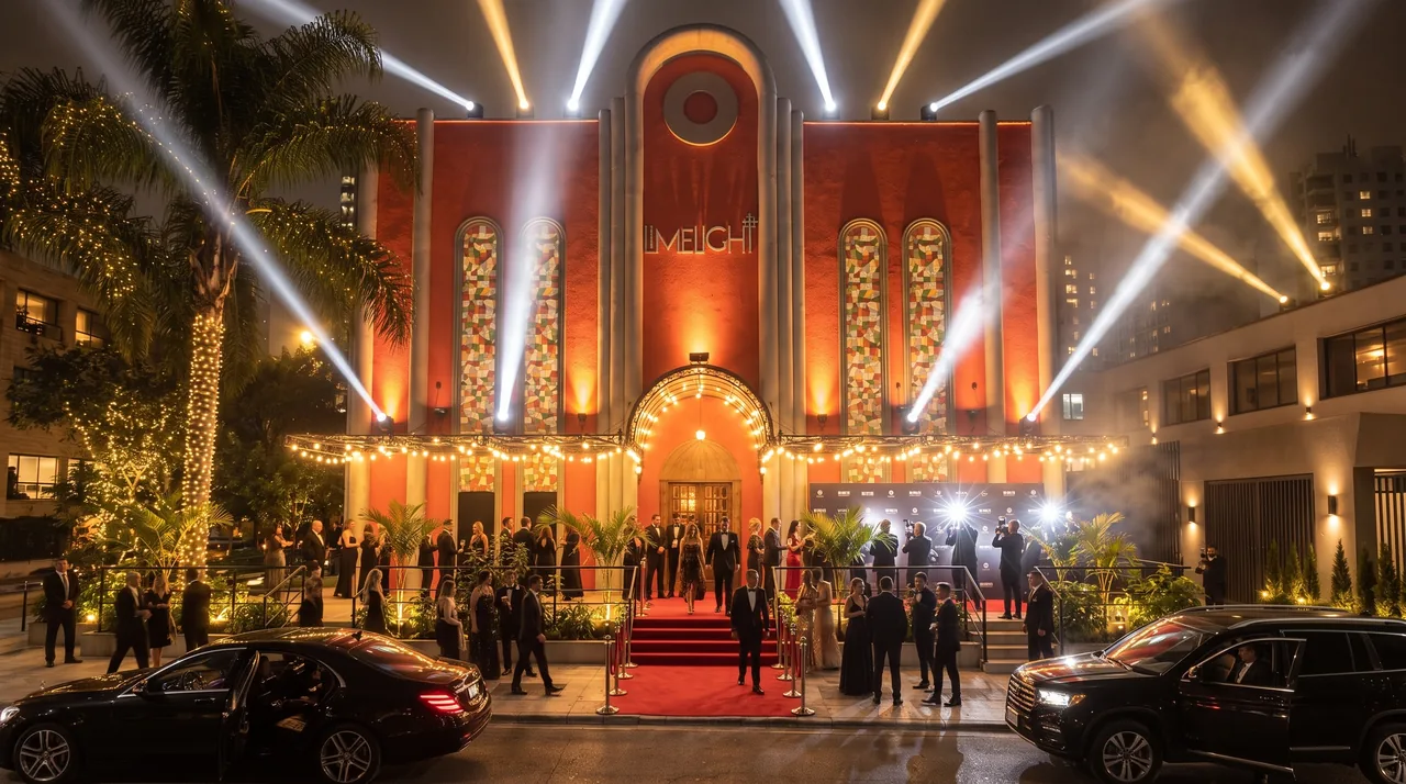Fachada da Limelight Eventos na Vila Olímpia, São Paulo, com holofotes, convidados e tapete vermelho à noite