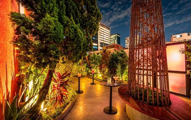 Jardim externo com vegetação, iluminação acolhedora e mesas de apoio