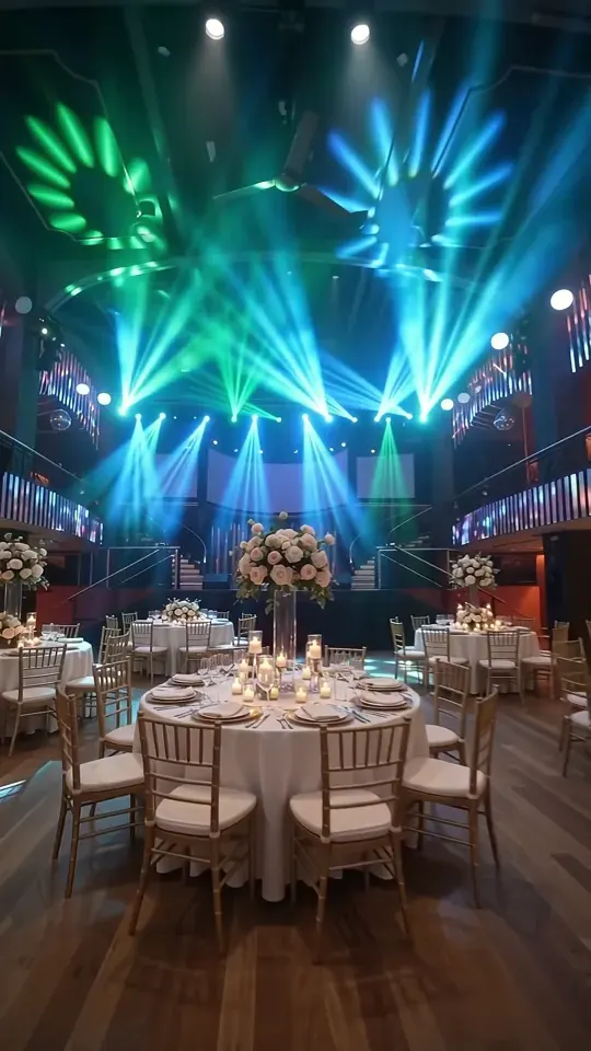 Vídeo do salão Limelight Eventos com iluminação cênica e mesas preparadas para uma celebração